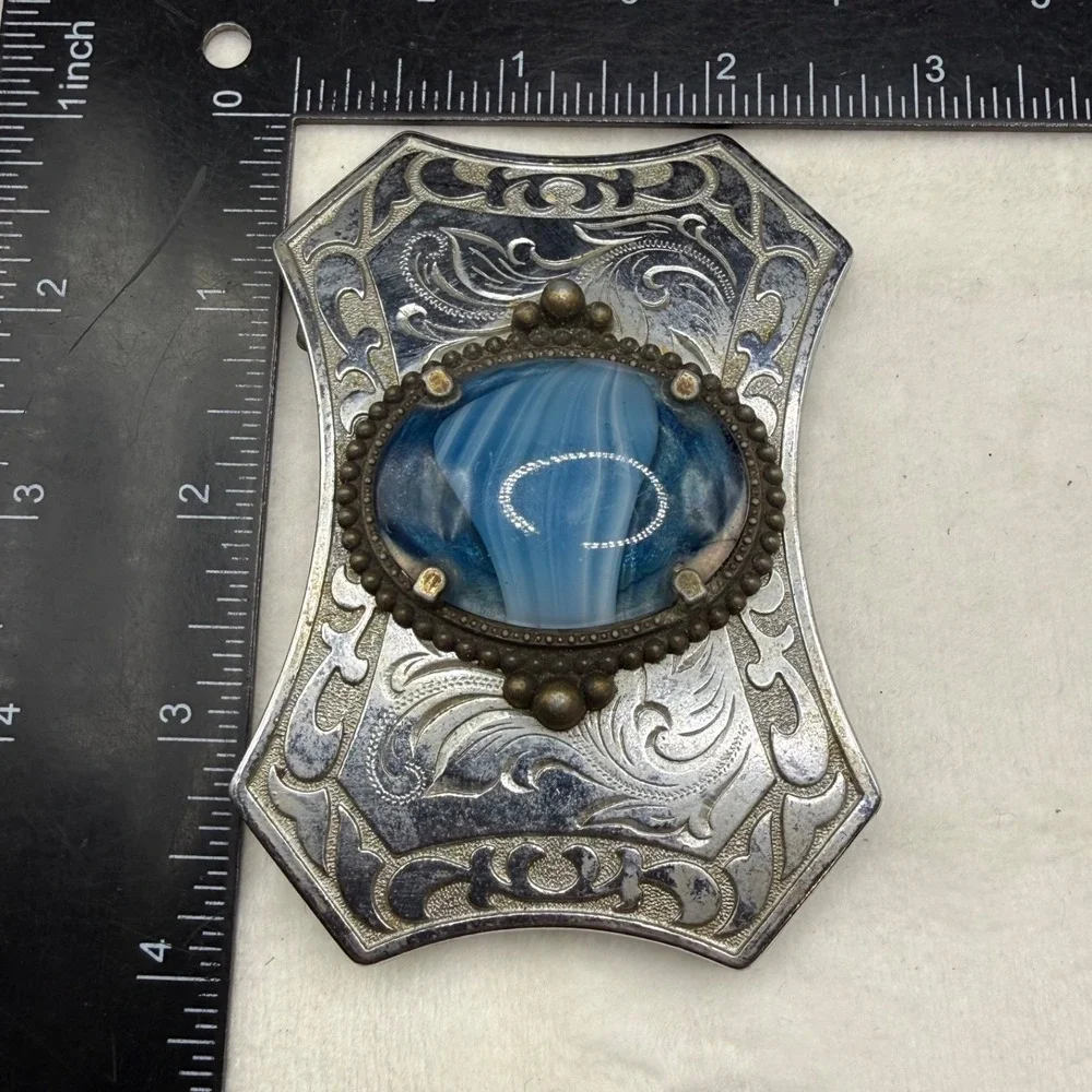Vintage Polished Stone Belt Buckle Silver Tone Blue Stone